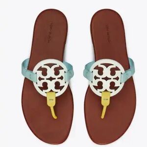 Tory Burch White and Yellow Sandals with Blue Accents